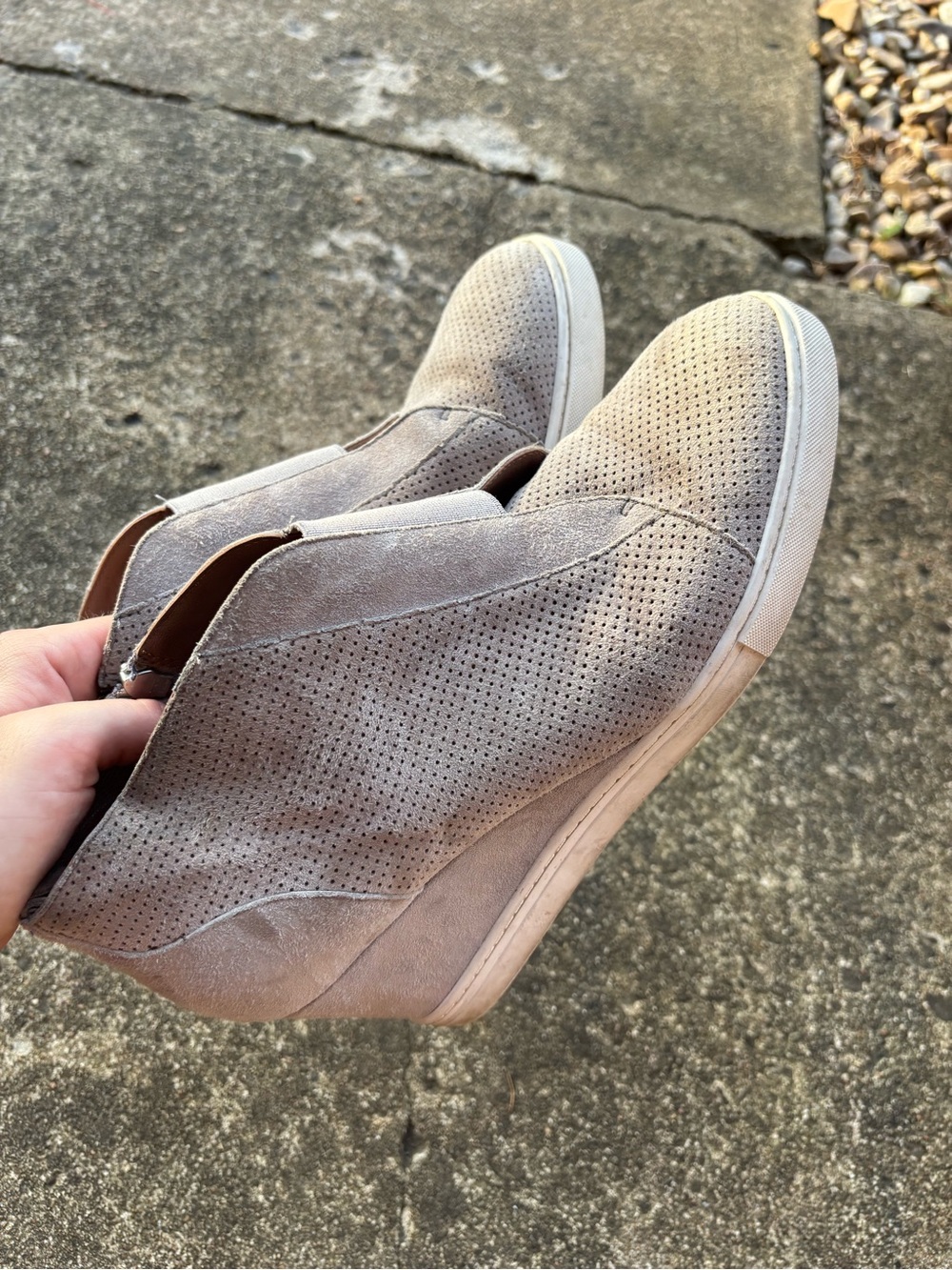 Women’s Suede Perforated Wedge Ankle Bootie - Light Taupe - Picture 3 of 5